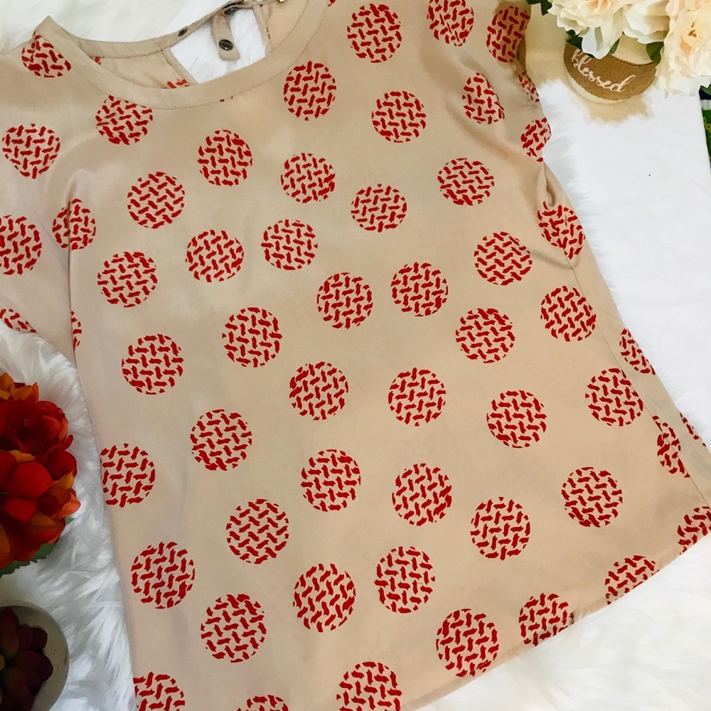 Tan and Red Short Sleeved Top Blouse